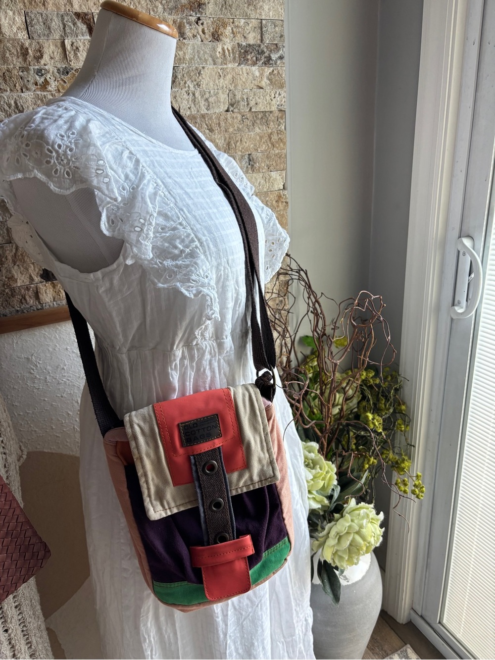 Old Cotton Bags Colorblock Crossbody Bag in Coral, Purple & Green